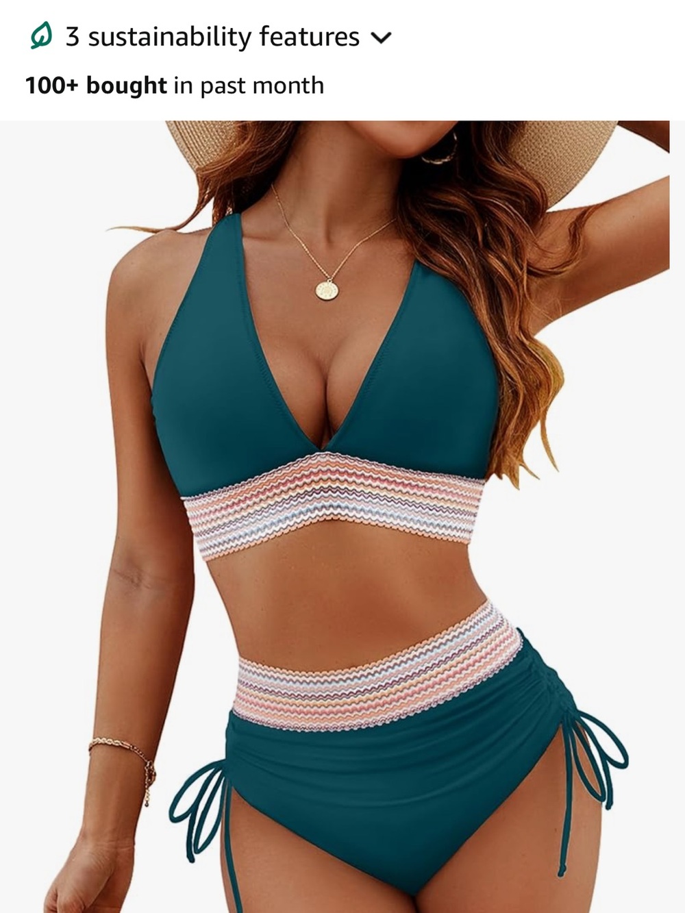 Blooming Jelly Teal High-Waist Tummy Control mediumBikini Set with Chevron Trim